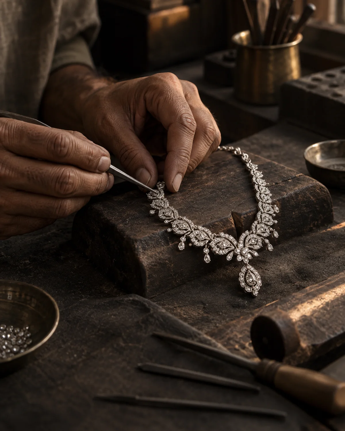 An EMIRA artisan setting stones on a silver necklace by hand
